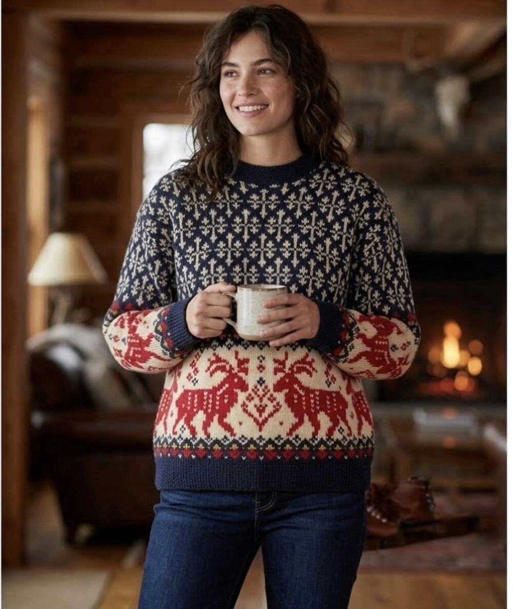 Eddie Bauer Vintage Sweater Womens Large Nordic Reindeer Fair Isle Wool Pullover
